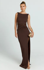 Alberta Maxi Dress - Spliced Sheer Lace Column Dress in Mocha