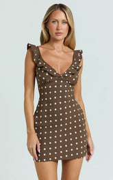 Isla Mini Dress - Ruffle Sleeve A Line Dress in Chocolate Polka Dot
