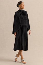 Honora | Black High-Neck Midi Dress With Cape-Sleeves