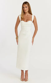 Kenna Midi Dress - Gathered Bust Tucked Waist Dress in Off White