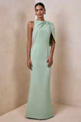 Quira | Mint Asymmetric-Neck Maxi Dress With Cape-Sleeve