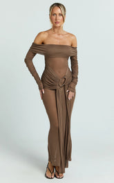 Velma Maxi Dress - Jersey Long Sleeve Off Shoulder Twist Skirt Dress in Brown