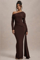 Valina | Brown Ruched Asymmetric Maxi Dress With Drape
