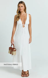 Silvena Midi Dress - Plunge Neckline Tie Front A Line Dress in White