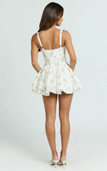Bobby Mini Dress - Scoop Neck Drop Waist Bubble Hem Dress in Vintage Spring Floral Print