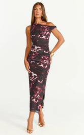 Nenita Midi Dress - One Shoulder Mesh Dress in Botanical Haze