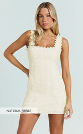 Sylvia Mini Dress - Square Neck Lace Trim A Line Mini Dress in Yellow
