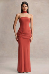 Graciella | Rust Bandeau Maxi Dress With Draped Detailing And Scarf