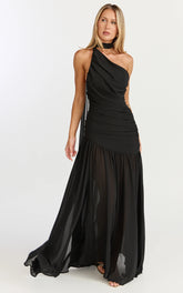 Enya Maxi Dress - One Shoulder Neck Tie Ruched High Split Dress in Black