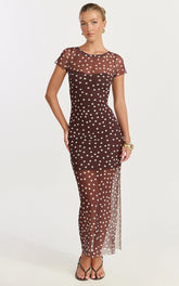 Colette Maxi Dress - Mesh Tshirt Dress in Chocolate Polka Dot