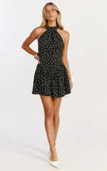 Ruby Mini Dress - Halter Neck Tie Drop V Waist Gathered Dress in Black Polka Dot Print
