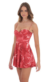 Rose Mesh Corset A-line Dress in Red