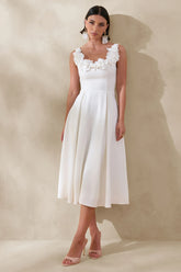 Maelle | White Scoop-Neck Midi Dress With Corsage Detailing