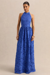 Indiana | Dark Blue Broderie Halter-Neck Maxi Dress