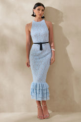 Vionna | Blue Lace High-Neck Midi Dress With Bow-Belt Detail