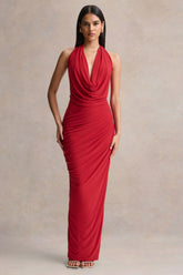 Cairo | Red Cowl-Neck Maxi Dress With Gathered Detailing