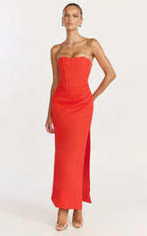 Avery Midi Dress - Strapless Draped Side Split Dress in Orange