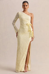 Norna | Lemon Lace Asymmetric-Neck Maxi Dress With Cut-Out And Bow Details