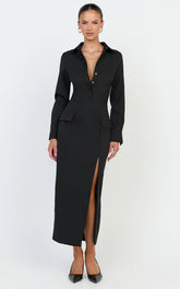 Henley Midi Dress - Long Sleeve Fitted Shirt Dress in Black