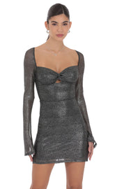 Foil Twist Long Sleeve Dress in Black and Silver