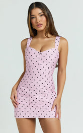Janice Mini Dress - Square Neckline Dress in Fondant Pink Polka Dot