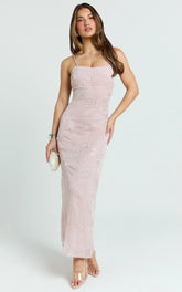 Elysia Midi Dress - Sequin Straight Neck Tie Back Dress in Pale Pink