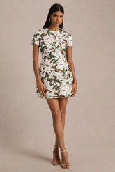 Ophelia | White And Green Embellished Sequin Floral And Mesh Mini Dress With Short Sleeves
