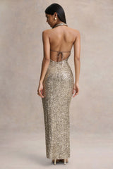 Gio | Champagne Sequin Plunge-Neck Wrap Maxi Dress With Ruched Detailing