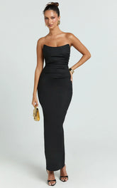 Pietra Midi Dress - Scoop Neck Side Seam Tucks Fitted Dress in Black