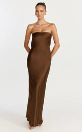 Charlita Maxi Dress - Strapless Cowl Back Satin Dress in Chocolate