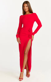 Vivienne Midi Dress - Boat Neck Long Sleeve Rosette Detail Dress in Red