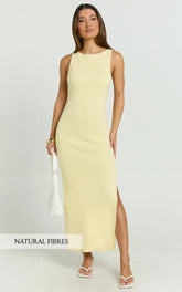 Perrie Midi Dress - High Neck Sleeveless Scoop Back Fitted Leg Split Skirt Dress in Lemon