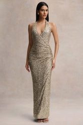 Gio | Champagne Sequin Plunge-Neck Wrap Maxi Dress With Ruched Detailing