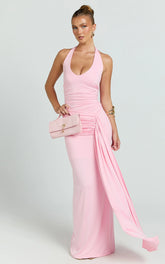 Dixie Maxi Dress - Plunge Halter Low Back Dress in Pink