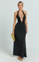 Denise Maxi Dress - Halter U Ruched Neck Cut Out Jersey Dress in Black