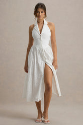 Jezebel | White Lace Plunge-Neck Collared Midi Dress