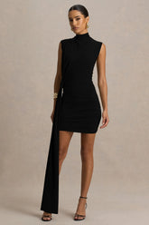 Sorenna | Black High-Neck Mini-Dress With Wrap And Sash Detail