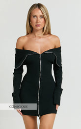 Madeline Mini Dress - Folded Off Shoulder Double Zip Hardware Front Knit Dress in Black