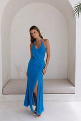 Kiss And Tell Mesh Halter Maxi Dress Blue