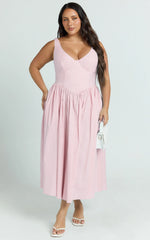 Beckett Midi Dress - Scoop Neck Drop V Waist Gathered Skirt Dress in Pink