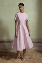 So Sweet | Pink Crew-Neck Midi Dress With Cut-Out Embroidered Detailing