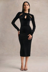 Francine | Black Velvet Round-Neck Midi Dress With Cut-Out Details
