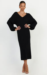Kartia Midi Dress - V Neck Knit Dress in Black