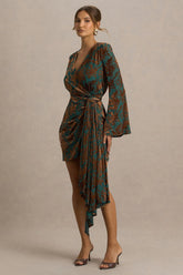 Dimitra | Dark Green And Brown Velvet Devore Plunge-Neck Wrap Mini Dress