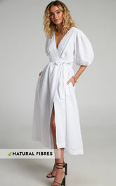 Amalie The Label - Franc Linen Puff Sleeve Wrap Midi Linen Dress - In White