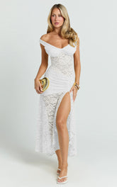 Tatum Midi Dress - Lace Off Shoulder Side Split Dress in Off White
