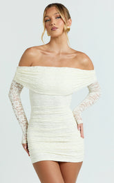 Jensen Mini Dress - Off Shoulder Stretch Lace Bodycon Dress in Cream