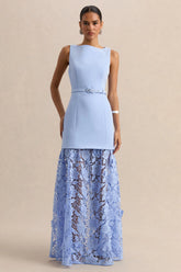 Verena | Powder Blue Boat-Neck Belted Maxi Dress With Lace Skirt