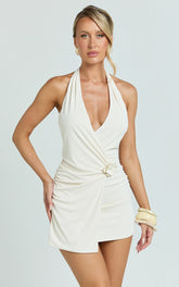 Fiora Mini Dress - Halter Neck Front Wrap Floral Trim A Line Dress in Ivory
