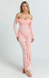 Sandra Midi Dress - Off The Shoulder Sash Bodycon Dress in Pink
